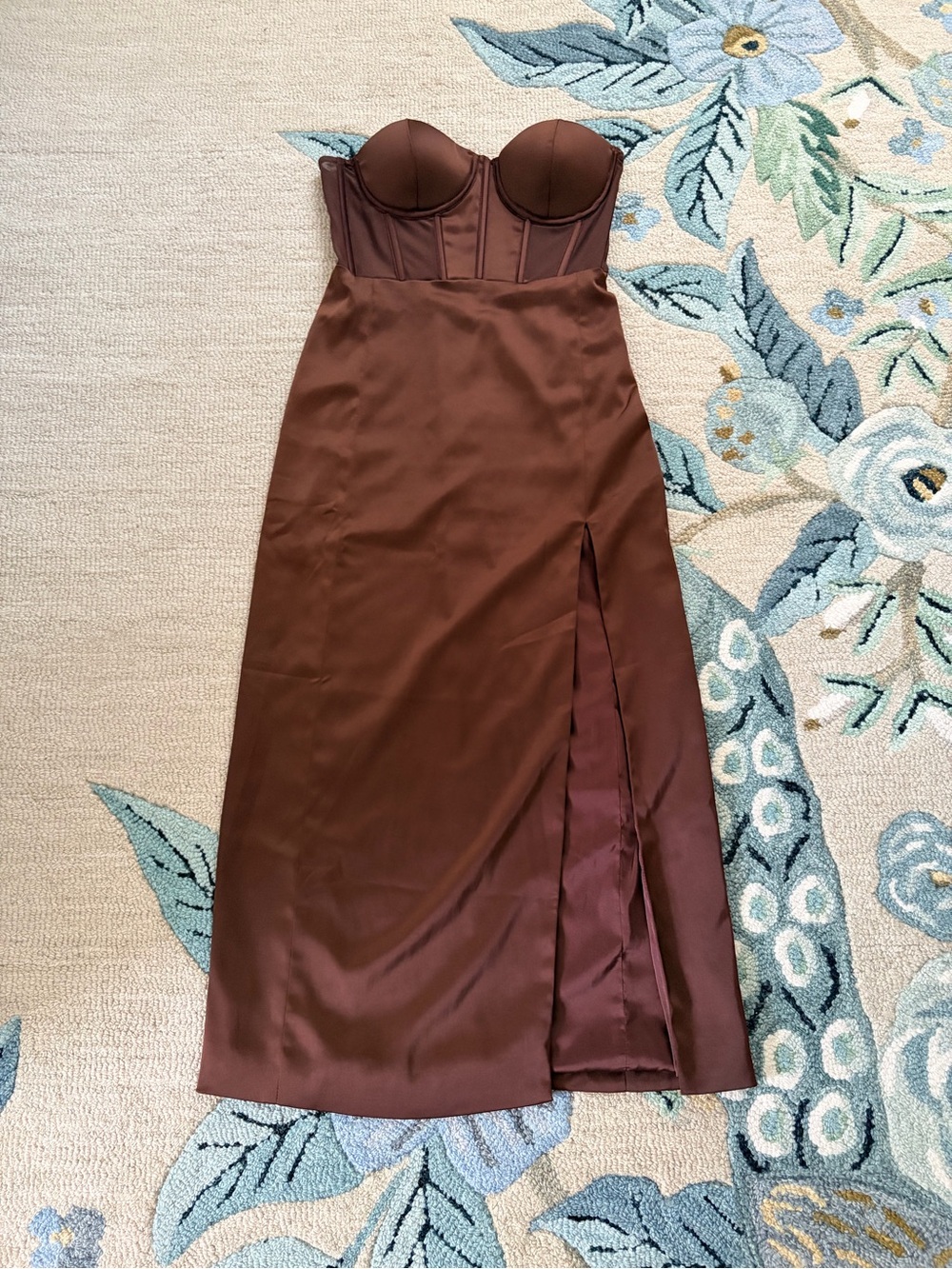 Meshki Chocolate Brown Strapless Satin Bustier Midi Dress with Side Slit